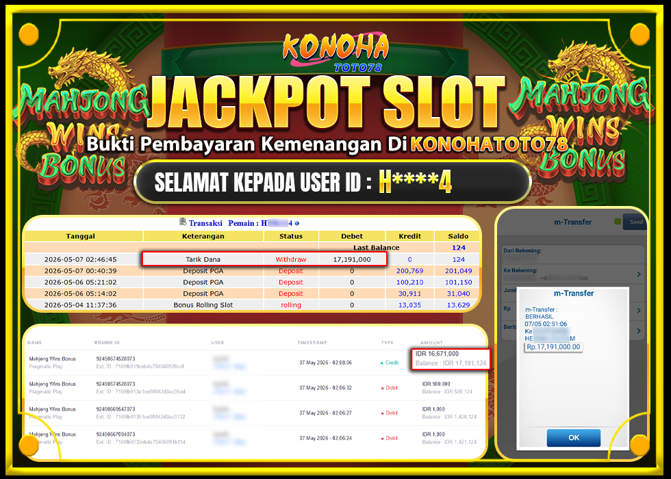 KONOHATOTO78 JACKPOT MAHJONG WINS BONUS Rp.17.191.000-LUNAS